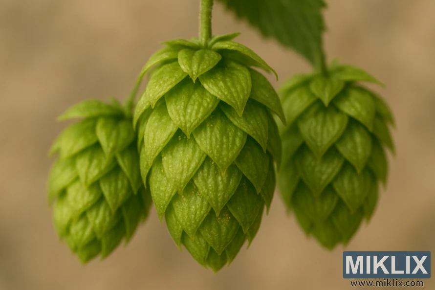 Vibrant green Talisman hop cones in sharp macro focus against a softly blurred background. Vibrant green Talisman hop cones in sharp macro focus against a softly blurred background.