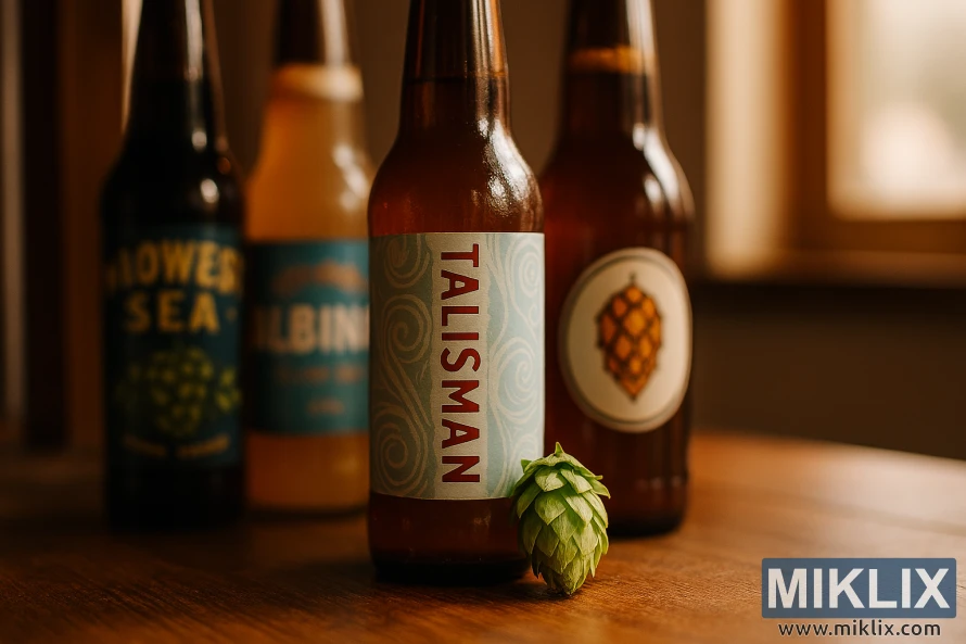 Four craft beer bottles and a Talisman hop cone on a wooden table in warm natural light Four craft beer bottles and a Talisman hop cone on a wooden table in warm natural light