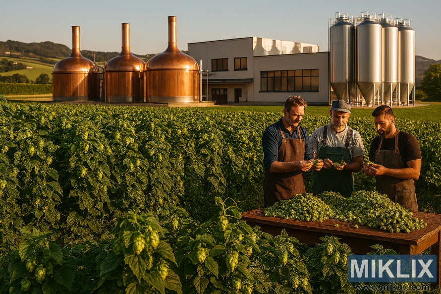 Hop field, brewers inspecting Talisman hops, and a modern brewery with copper kettles and silos in a countryside setting Hop field, brewers inspecting Talisman hops, and a modern brewery with copper kettles and silos in a countryside setting