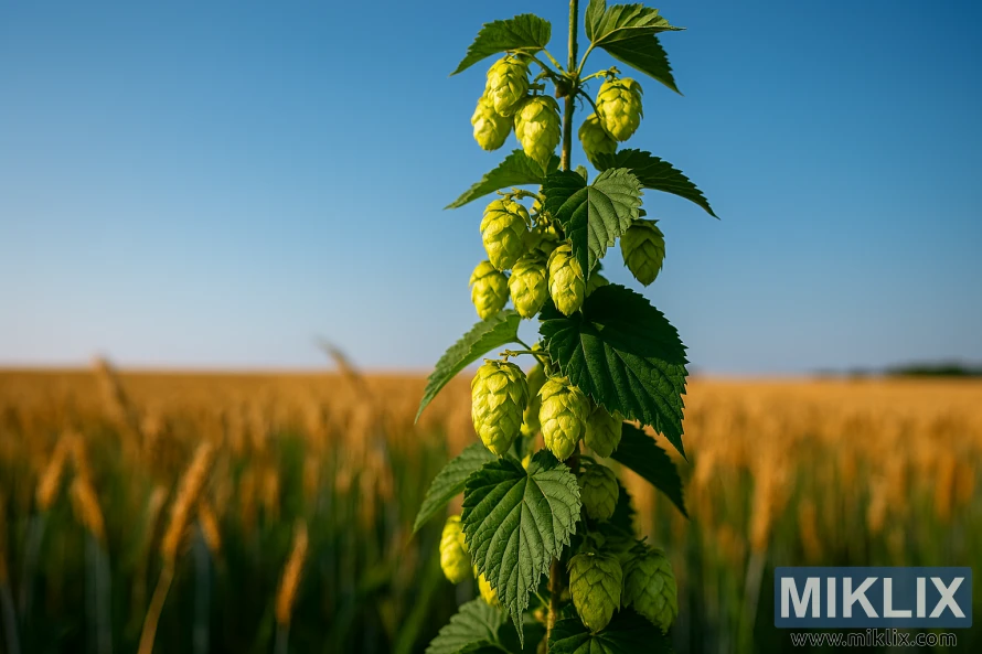 Close-up of a Waimea hop vine with yellow cones and green leaves against a golden wheat field and blue sky Close-up of a Waimea hop vine with yellow cones and green leaves against a golden wheat field and blue sky