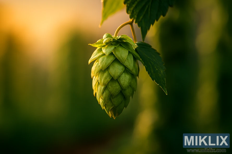 Close-up of a vibrant Waimea hop cone with unfurling petals and soft shadows, set against a blurred background of verdant hop bines Close-up of a vibrant Waimea hop cone with unfurling petals and soft shadows, set against a blurred background of verdant hop bines