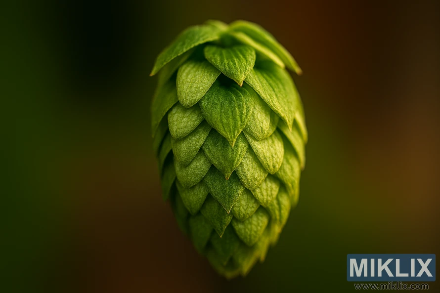 Close-up of a freshly harvested Waimea hop cone with vibrant green bracts and velvety texture, softly lit against a blurred background Close-up of a freshly harvested Waimea hop cone with vibrant green bracts and velvety texture, softly lit against a blurred background