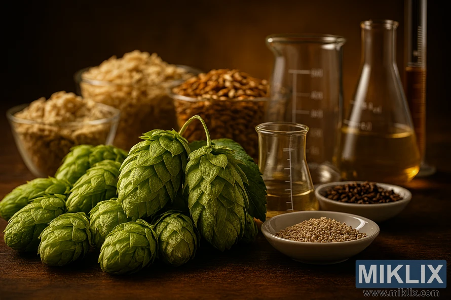 Still life of Waimea hop cones, glass beakers, malted barley, and yeast strains arranged on a rustic surface under warm lighting Still life of Waimea hop cones, glass beakers, malted barley, and yeast strains arranged on a rustic surface under warm lighting