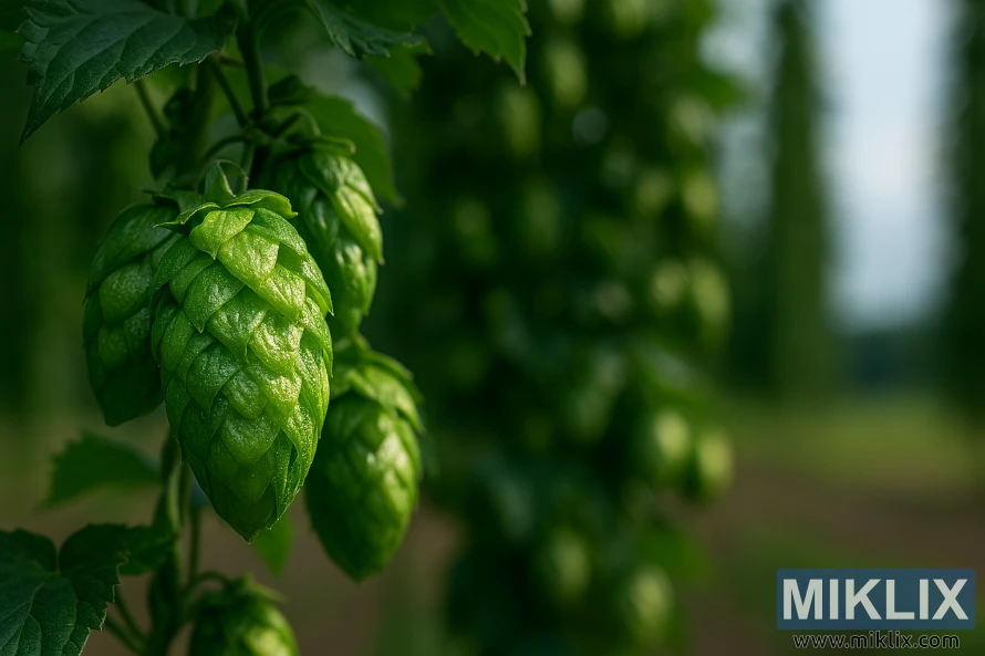Close-up of Wakatu hop cones glistening in natural light with blurred hop field in background Close-up of Wakatu hop cones glistening in natural light with blurred hop field in background