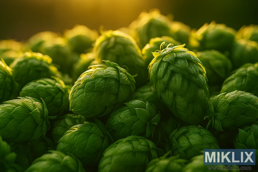 Close-up of freshly harvested Wakatu hop cones backlit by golden sunlight with blurred background Close-up of freshly harvested Wakatu hop cones backlit by golden sunlight with blurred background