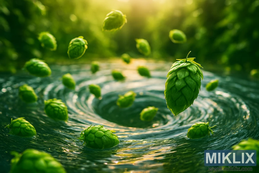 Wakatu hop cones swirling in a crystalline whirlpool with golden light and verdant foliage Wakatu hop cones swirling in a crystalline whirlpool with golden light and verdant foliage