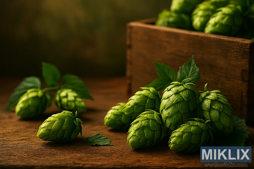Artful arrangement of Wakatu hop cones with wooden crate and rustic background in warm lighting Artful arrangement of Wakatu hop cones with wooden crate and rustic background in warm lighting