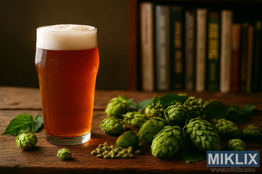 Amber beer with frothy head on wooden table surrounded by Wakatu hops and brewing books in cozy rustic setting Amber beer with frothy head on wooden table surrounded by Wakatu hops and brewing books in cozy rustic setting