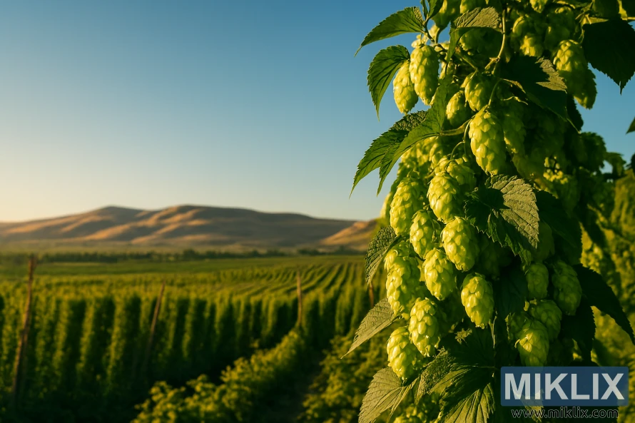 Lush hop vines and cones in a sunlit Yakima Valley field under a clear blue sky Lush hop vines and cones in a sunlit Yakima Valley field under a clear blue sky