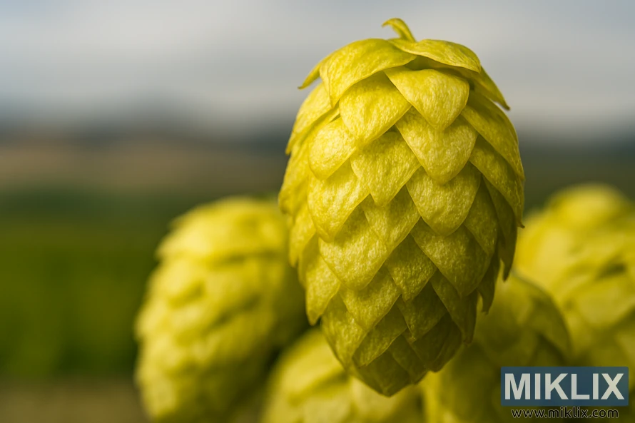 Detailed close-up of Yakima Gold hop cones with glistening lupulin glands under soft lighting Detailed close-up of Yakima Gold hop cones with glistening lupulin glands under soft lighting