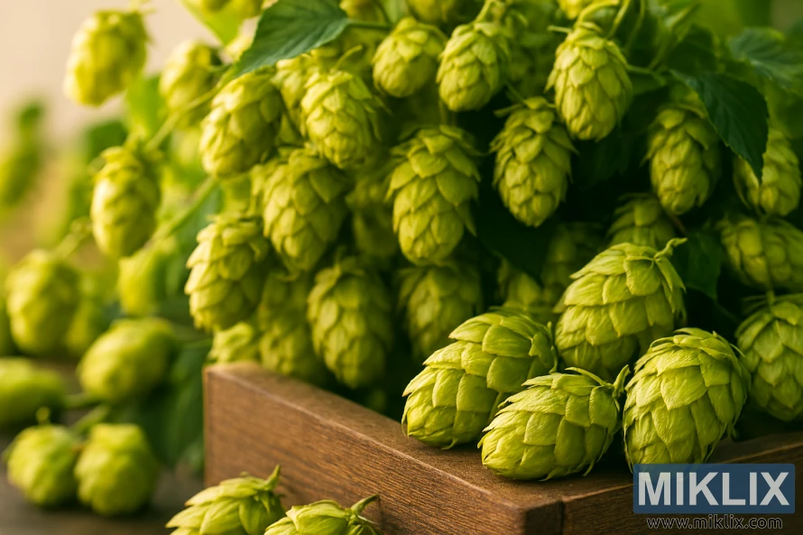 Close-up of Yakima Gold hop cones cascading over a wooden crate with warm backlighting Close-up of Yakima Gold hop cones cascading over a wooden crate with warm backlighting