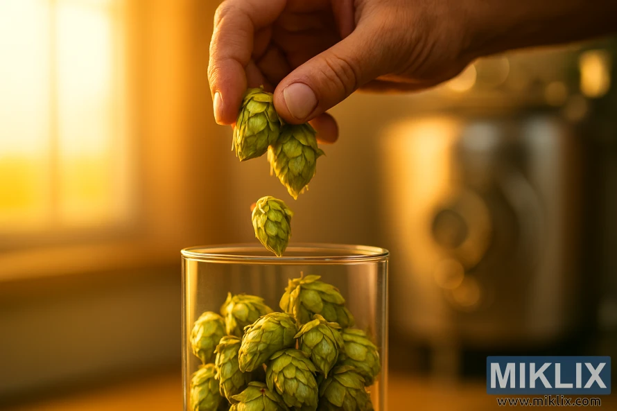 Hand dropping Yakima Gold hop cones into a glass jar with warm light and blurred homebrewing setup Hand dropping Yakima Gold hop cones into a glass jar with warm light and blurred homebrewing setup