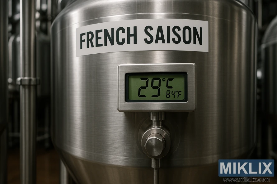 Close-up of a stainless steel fermenter labeled 'French Saison' with a digital thermometer reading 29°C (84°F) in a commercial brewery.