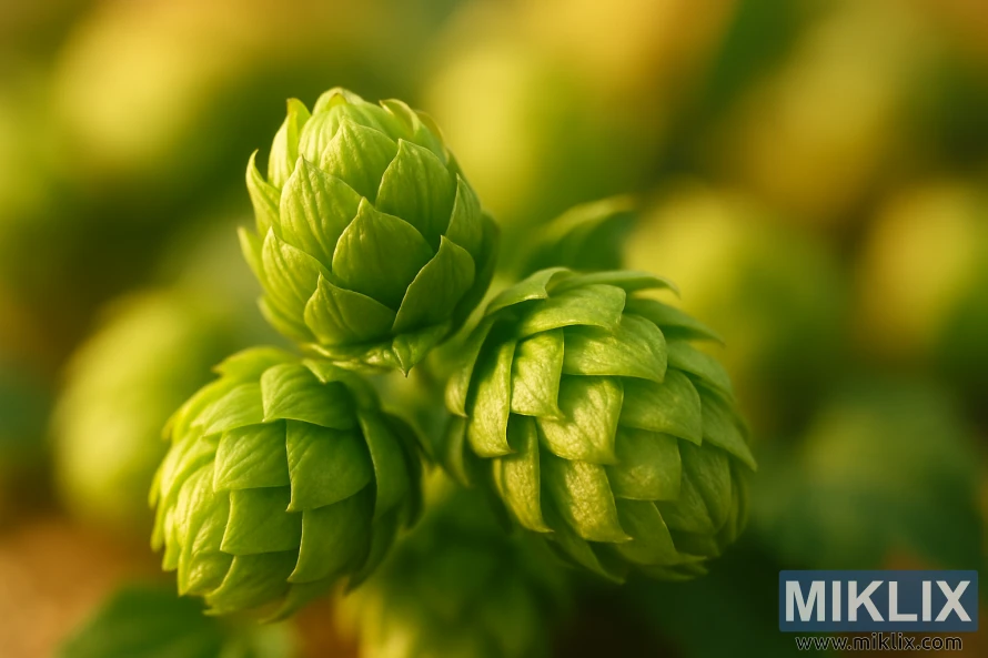 Close-up of vibrant green hop cones freshly harvested, glowing under warm natural light with a softly blurred background.