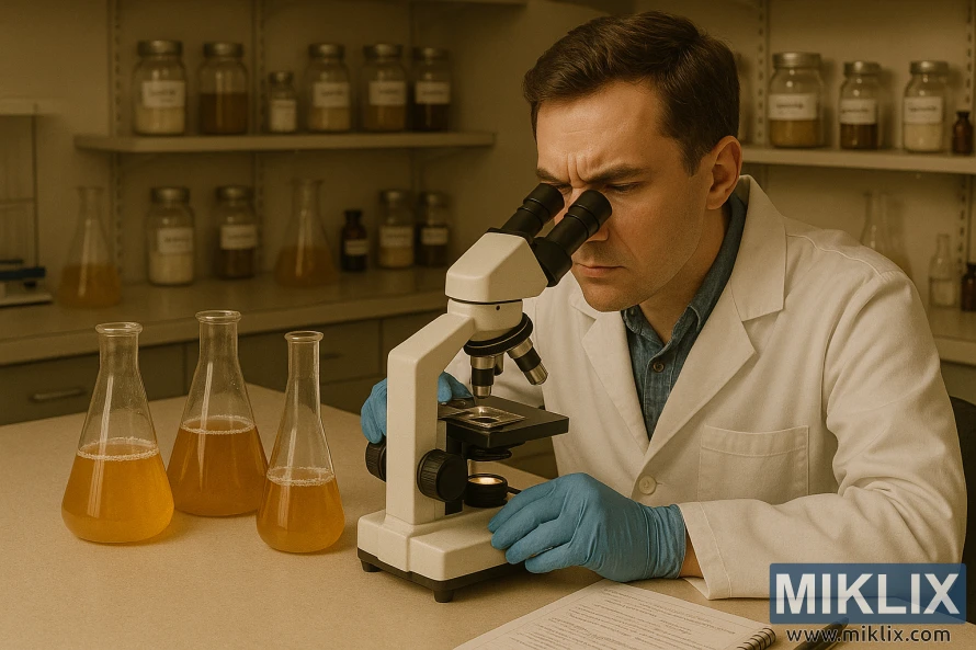 Lab scene with a technician examining a slide under a binocular microscope beside three amber-filled Erlenmeyer flasks on a clean workbench, warm lighting, shelves of jars behind.