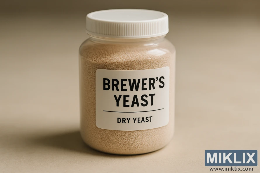Close-up of a sealed plastic container labeled Brewer’s Yeast, filled with beige granules, centered on a neutral surface with soft, diffused lighting and a gentle shadow.