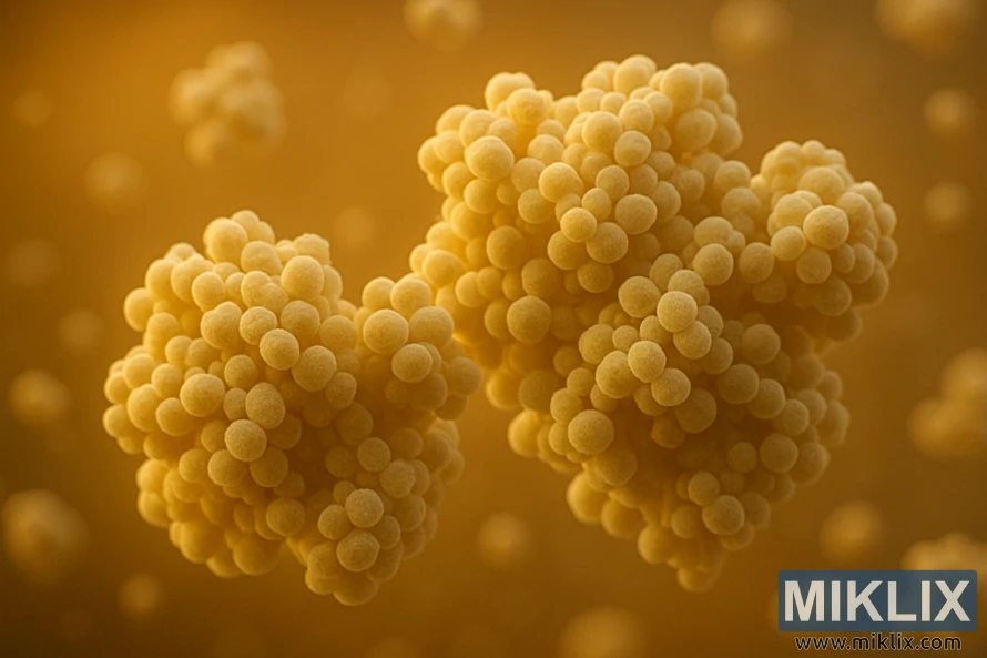 Close-up micrograph of brewer’s yeast cells forming dense flocculent clumps in a golden liquid background.