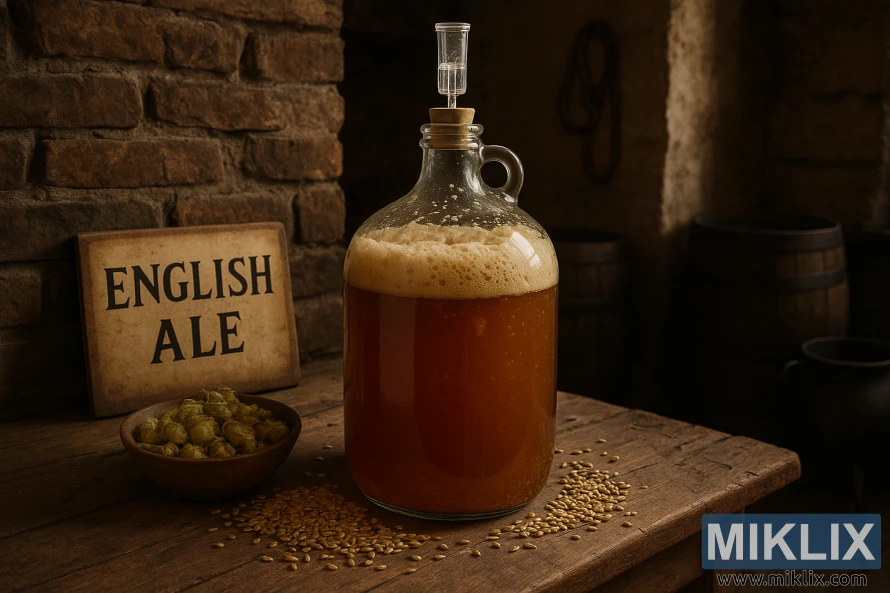 Glass carboy of fermenting English ale with frothy krausen, surrounded by hops, barley, and rustic brewing tools in an old English interior.