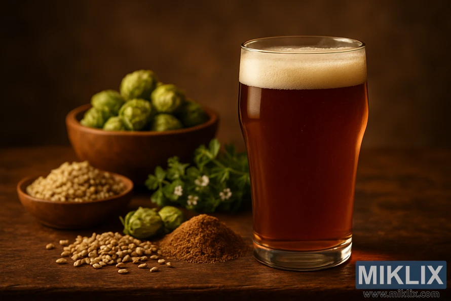A pint of amber English ale with a foamy head, surrounded by hops, malt, and barley on a rustic wooden table with warm lighting.