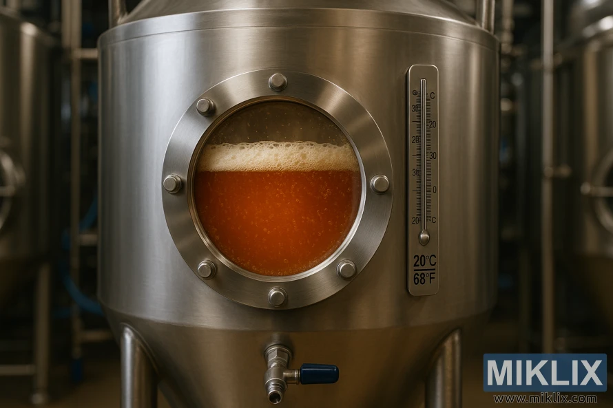 A stainless steel brewery fermenter with a glass window showing amber ale fermenting inside, foam on top, and a thermometer reading 20°C (68°F).
