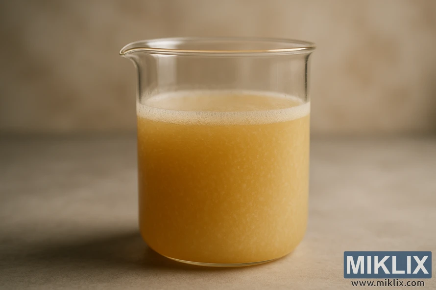 Transparent glass beaker filled with hazy golden liquid, highlighting suspended yeast particles from low flocculation in English Ale yeast.