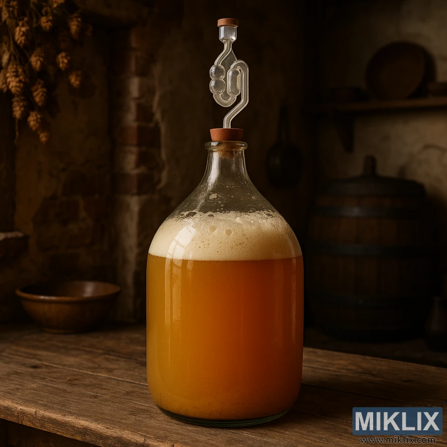 Sklenený demižón s kvasiacim belgickým Witbierom na drevenom stole v rustikálnom prostredí belgického domáceho pivovaru so sušeným chmeľom a dubovým sudom v pozadí. Sklenený demižón s kvasiacim belgickým Witbierom na drevenom stole v rustikálnom prostredí belgického domáceho pivovaru so sušeným chmeľom a dubovým sudom v pozadí.