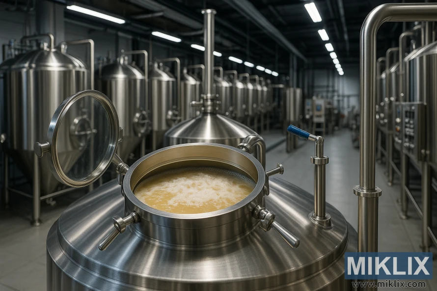 Fermentačná nádrž z nehrdzavejúcej ocele v modernom pivovare, v ktorej aktívne kvasí belgický Witbier. Fermentačná nádrž z nehrdzavejúcej ocele v modernom pivovare, v ktorej aktívne kvasí belgický Witbier.