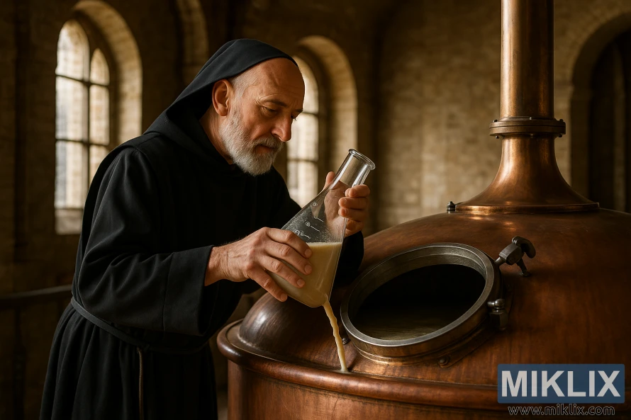 נזיר קשיש בגלימה שחורה שופך שמרים נוזליים לתוך מיכל תסיסה נחושת בתוך מבשלת בירה היסטורית של מנזר בלגי, מוארת בחלונות מקושתים. נזיר קשיש בגלימה שחורה שופך שמרים נוזליים לתוך מיכל תסיסה נחושת בתוך מבשלת בירה היסטורית של מנזר בלגי, מוארת בחלונות מקושתים.