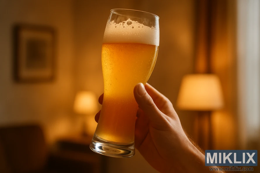 A hand holds a tall, curved glass of hazy golden Bavarian wheat beer with frothy foam in a warm, softly lit room. A hand holds a tall, curved glass of hazy golden Bavarian wheat beer with frothy foam in a warm, softly lit room.