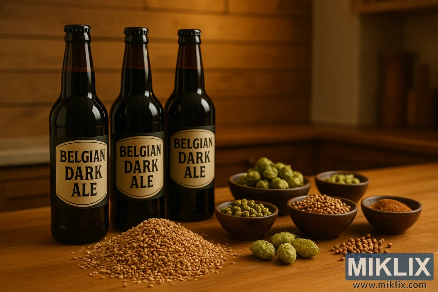 Þrjár flöskur af belgískum dökkum öli með korni, humlum og kryddi á eldhúsborði úr tré undir hlýju, gullnu ljósi.