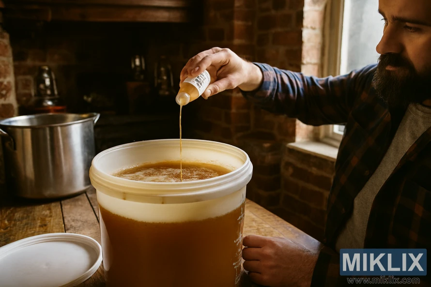Homebrewer sipa tečni kvasac u posudu za fermentaciju napunjenu British Ale u rustikalnoj kuhinji Homebrewer sipa tečni kvasac u posudu za fermentaciju napunjenu British Ale u rustikalnoj kuhinji