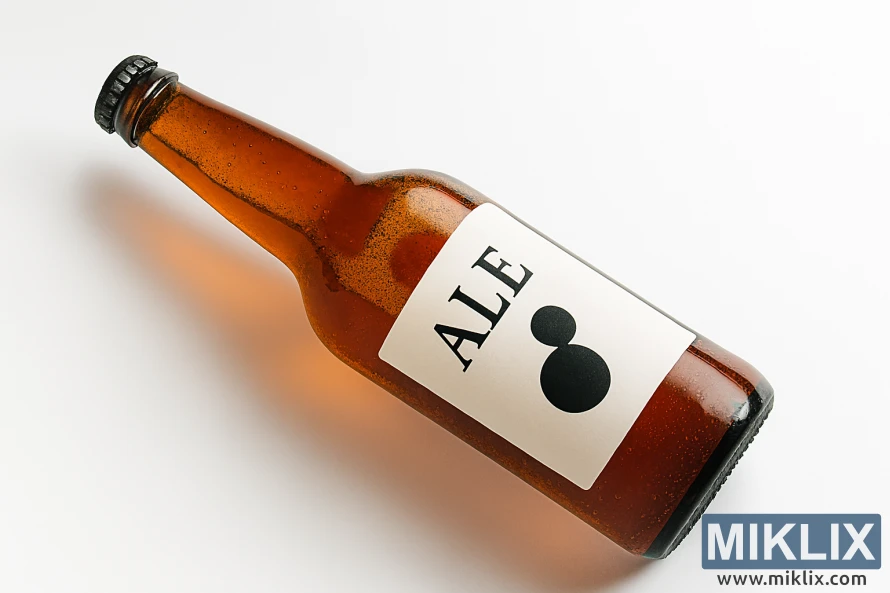 Close-up of a glass ale bottle with minimalist label on a white background Close-up of a glass ale bottle with minimalist label on a white background