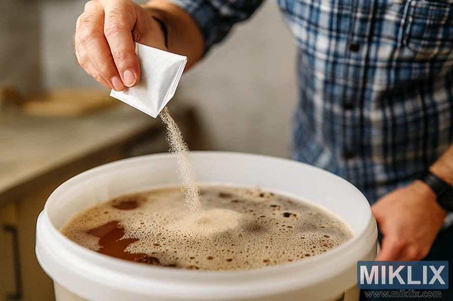 Homebrewer sprinkling dry yeast from a sachet into a frothy ale wort in a fermentation bucket Homebrewer sprinkling dry yeast from a sachet into a frothy ale wort in a fermentation bucket