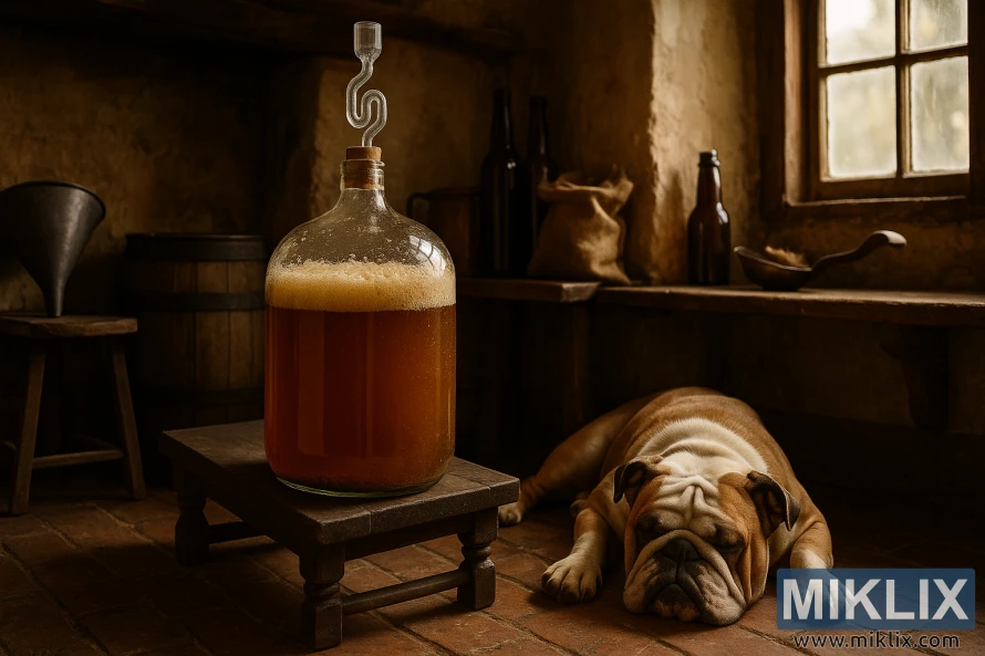 Glass carboy of fermenting English ale in a rustic cottage with a sleeping bulldog on the floor. Glass carboy of fermenting English ale in a rustic cottage with a sleeping bulldog on the floor.