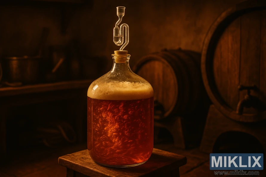 Glass carboy filled with bubbling amber ale, surrounded by wooden barrels and brewing equipment in a warmly lit rustic brewery. Glass carboy filled with bubbling amber ale, surrounded by wooden barrels and brewing equipment in a warmly lit rustic brewery.