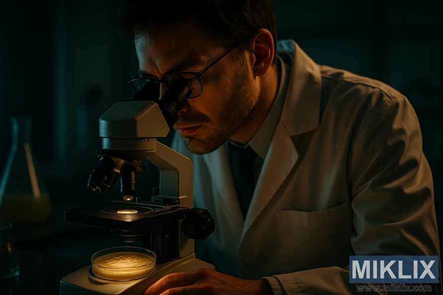A scientist in a white lab coat studies a glowing yeast culture through a microscope in a dimly lit laboratory. A scientist in a white lab coat studies a glowing yeast culture through a microscope in a dimly lit laboratory.