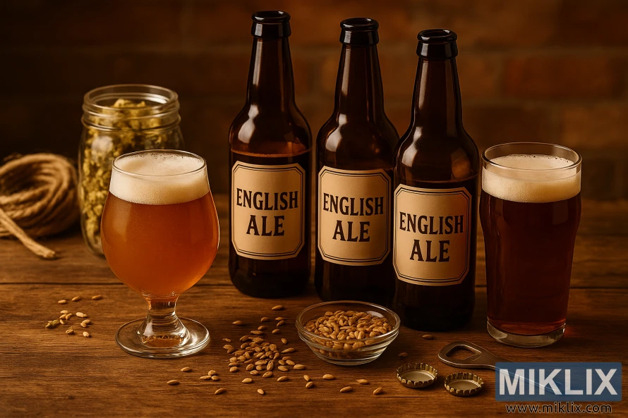 Bottles of English Ale with glasses of beer, hops, and grains arranged on a rustic wooden table under warm, inviting lighting. Bottles of English Ale with glasses of beer, hops, and grains arranged on a rustic wooden table under warm, inviting lighting.