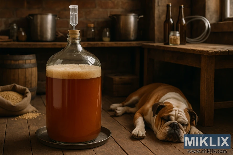 Glass carboy of fermenting American ale in a rustic homebrewing room with a sleeping bulldog on the floor. Glass carboy of fermenting American ale in a rustic homebrewing room with a sleeping bulldog on the floor.
