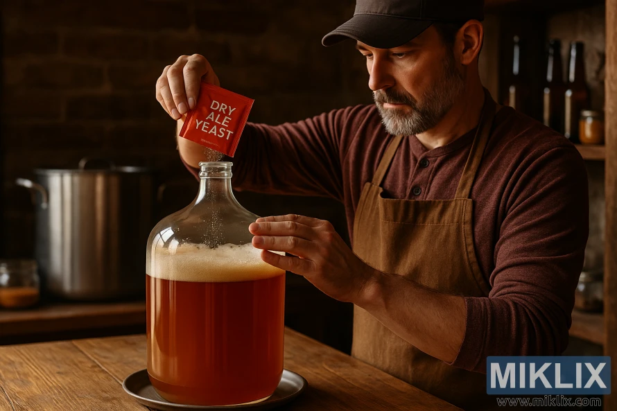 A homebrewer sprinkles dry ale yeast into a glass carboy of amber wort in a rustic homebrewing setup. A homebrewer sprinkles dry ale yeast into a glass carboy of amber wort in a rustic homebrewing setup.