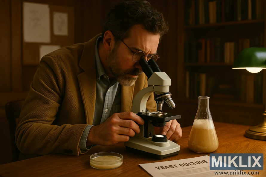 A scientist examines a yeast culture through a microscope in a warm, wood-paneled academic study. A scientist examines a yeast culture through a microscope in a warm, wood-paneled academic study.