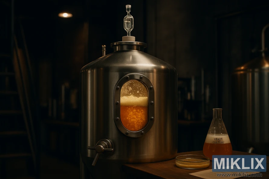 A stainless steel fermenter with a glass window showing actively fermenting American ale in a dimly lit brewery. A stainless steel fermenter with a glass window showing actively fermenting American ale in a dimly lit brewery.
