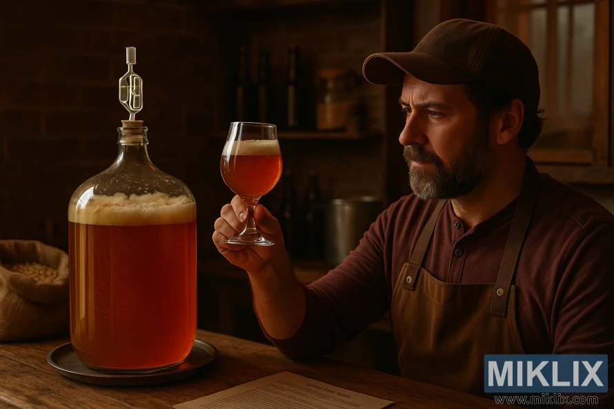 A homebrewer inspects a tulip glass of amber American ale beside a fermenting carboy in a cozy rustic brewing space. A homebrewer inspects a tulip glass of amber American ale beside a fermenting carboy in a cozy rustic brewing space.
