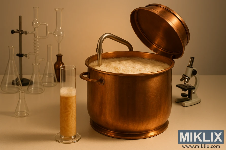 ਇੱਕ ਸਾਫ਼ ਪ੍ਰਯੋਗਸ਼ਾਲਾ ਸੈਟਿੰਗ ਵਿੱਚ ਖਮੀਰ ਦੇ ਗ੍ਰੈਜੂਏਟਿਡ ਸਿਲੰਡਰ ਦੇ ਨਾਲ ਫੋਮਿੰਗ ਤਰਲ ਵਾਲੀ ਤਾਂਬੇ ਦੀ ਬਰੂ ਕੇਤਲੀ। ਇੱਕ ਸਾਫ਼ ਪ੍ਰਯੋਗਸ਼ਾਲਾ ਸੈਟਿੰਗ ਵਿੱਚ ਖਮੀਰ ਦੇ ਗ੍ਰੈਜੂਏਟਿਡ ਸਿਲੰਡਰ ਦੇ ਨਾਲ ਫੋਮਿੰਗ ਤਰਲ ਵਾਲੀ ਤਾਂਬੇ ਦੀ ਬਰੂ ਕੇਤਲੀ।