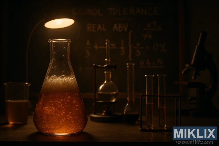 ਇੱਕ ਮੱਧਮ ਰੌਸ਼ਨੀ ਵਾਲੀ ਪ੍ਰਯੋਗਸ਼ਾਲਾ ਵਿੱਚ ਪ੍ਰਯੋਗਸ਼ਾਲਾ ਦੇ ਉਪਕਰਣਾਂ ਅਤੇ ਚਾਕਬੋਰਡ ਗਣਨਾਵਾਂ ਦੇ ਨਾਲ ਇੱਕ ਕੱਚ ਦੇ ਫਲਾਸਕ ਵਿੱਚ ਅੰਬਰ ਤਰਲ ਬੁਲਬੁਲਾ। ਇੱਕ ਮੱਧਮ ਰੌਸ਼ਨੀ ਵਾਲੀ ਪ੍ਰਯੋਗਸ਼ਾਲਾ ਵਿੱਚ ਪ੍ਰਯੋਗਸ਼ਾਲਾ ਦੇ ਉਪਕਰਣਾਂ ਅਤੇ ਚਾਕਬੋਰਡ ਗਣਨਾਵਾਂ ਦੇ ਨਾਲ ਇੱਕ ਕੱਚ ਦੇ ਫਲਾਸਕ ਵਿੱਚ ਅੰਬਰ ਤਰਲ ਬੁਲਬੁਲਾ।