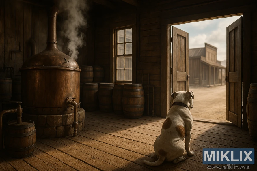 అమెరికన్ బుల్డాగ్ పాత వైల్డ్ వెస్ట్ బ్రూవరీ లోపల కూర్చుని, రాగి బ్రూయింగ్ వాట్ నుండి ఆవిరి పైకి లేస్తుండగా తెరిచి ఉన్న తలుపుల ద్వారా చూస్తోంది. అమెరికన్ బుల్డాగ్ పాత వైల్డ్ వెస్ట్ బ్రూవరీ లోపల కూర్చుని, రాగి బ్రూయింగ్ వాట్ నుండి ఆవిరి పైకి లేస్తుండగా తెరిచి ఉన్న తలుపుల ద్వారా చూస్తోంది.