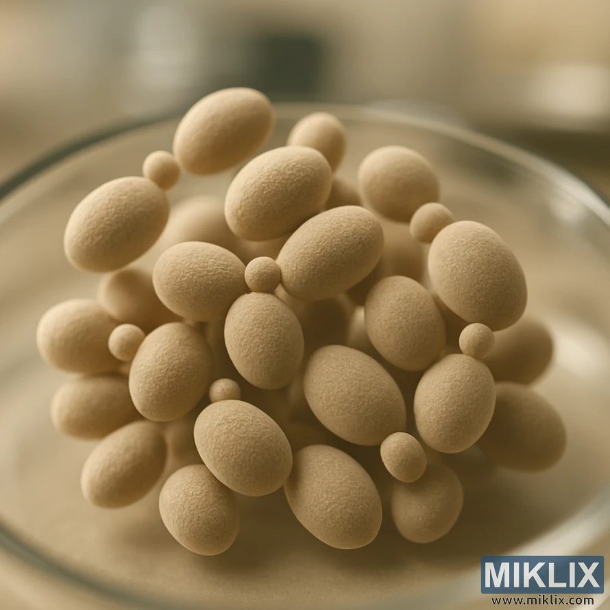 అస్పష్టమైన ప్రయోగశాల నేపథ్యానికి వ్యతిరేకంగా ముందు భాగంలో స్పష్టంగా కేంద్రీకృతమై ఉన్న, మొగ్గ ఆకారపు ఈస్ట్ కణాల క్లోజప్ మైక్రోస్కోపిక్ చిత్రం. అస్పష్టమైన ప్రయోగశాల నేపథ్యానికి వ్యతిరేకంగా ముందు భాగంలో స్పష్టంగా కేంద్రీకృతమై ఉన్న, మొగ్గ ఆకారపు ఈస్ట్ కణాల క్లోజప్ మైక్రోస్కోపిక్ చిత్రం.