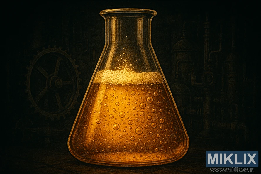 గేర్లు మరియు పైపుల చీకటి పారిశ్రామిక నేపథ్యంలో బంగారు, బుడగలు లాంటి ద్రవంతో నిండిన గాజు ఫ్లాస్క్ యొక్క వివరణాత్మక పాతకాలపు శైలి దృష్టాంతం. గేర్లు మరియు పైపుల చీకటి పారిశ్రామిక నేపథ్యంలో బంగారు, బుడగలు లాంటి ద్రవంతో నిండిన గాజు ఫ్లాస్క్ యొక్క వివరణాత్మక పాతకాలపు శైలి దృష్టాంతం.