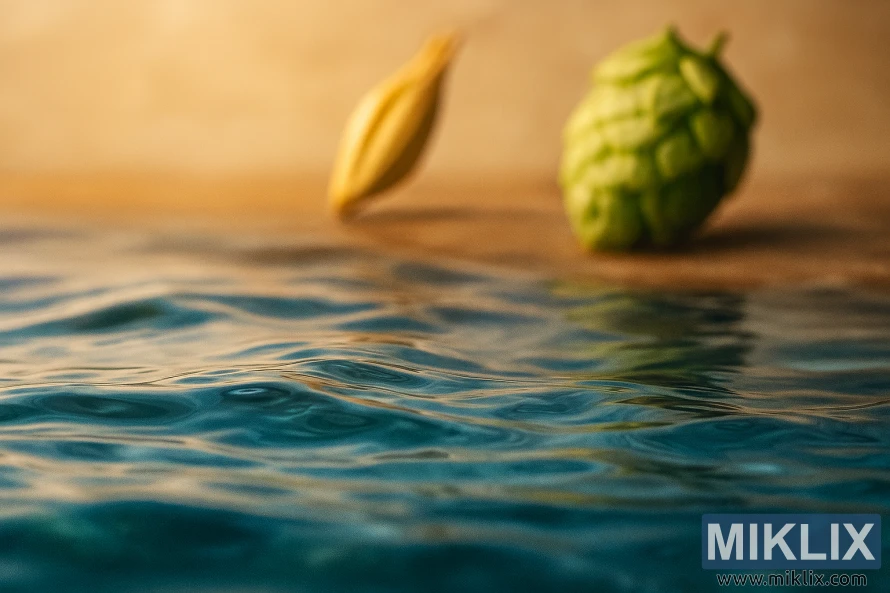 వెచ్చని సహజ కాంతిలో మాల్ట్ గ్రెయిన్ మరియు హాప్ కోన్తో స్పష్టమైన అలల నీరు వెచ్చని సహజ కాంతిలో మాల్ట్ గ్రెయిన్ మరియు హాప్ కోన్తో స్పష్టమైన అలల నీరు