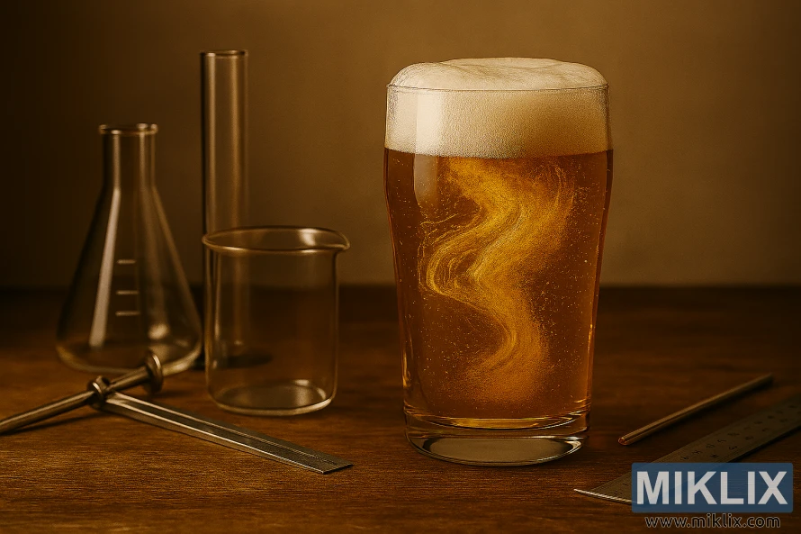 చెక్క బల్లపై ల్యాబ్ గాజుసామాను మరియు కొలిచే పరికరాలతో చుట్టుముట్టబడిన నురుగుతో కూడిన బంగారు జర్మన్ లాగర్ బీర్. చెక్క బల్లపై ల్యాబ్ గాజుసామాను మరియు కొలిచే పరికరాలతో చుట్టుముట్టబడిన నురుగుతో కూడిన బంగారు జర్మన్ లాగర్ బీర్.