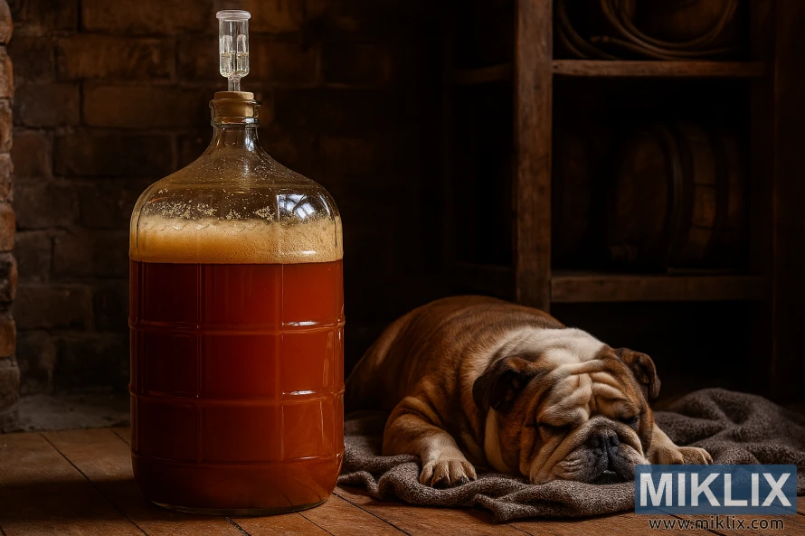 Amber lager fermenting in a glass carboy beside a sleeping bulldog in a rustic homebrewing room